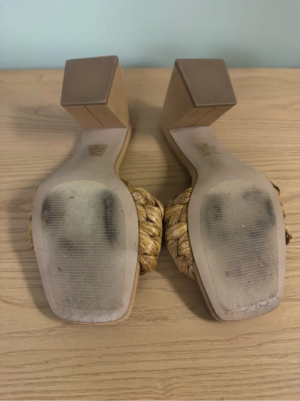 Steve Madden Mylee Braided Raffia Block Heel Sandals Neutral Tan Size 9.5